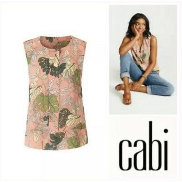 Cabi Blouse 5351 Tropical S Small Sleeveless Monstera Leaf Print Pink Green - Picture 5 of 10
